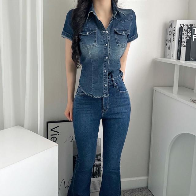 [ 국내 / 하이퀄 ] 켈란 슬림핏 스판 진청 데님 셔츠 남방 - 반팔버전