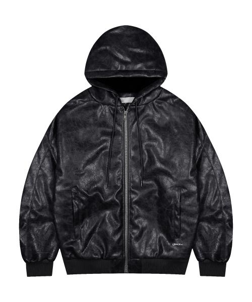 GJ076 페스코 크랙레더 패딩 집업 후디 (BLACK)