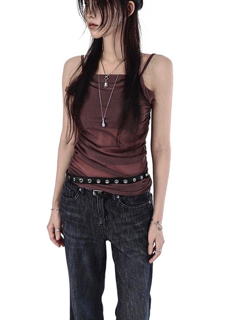 SAIN MESH DRAPE NECK UNBALHALF SLEEVELESS TOP  세인 메쉬 드레이프 넥 언발 하프 나시탑 (4 COLORS)