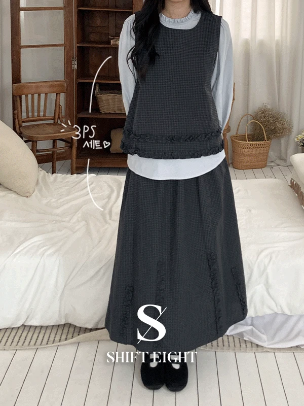 [MADE🖤/3PCS세트!/하객룩] 잔스 빈티지 체크 조끼 블라우스 스커트 세트