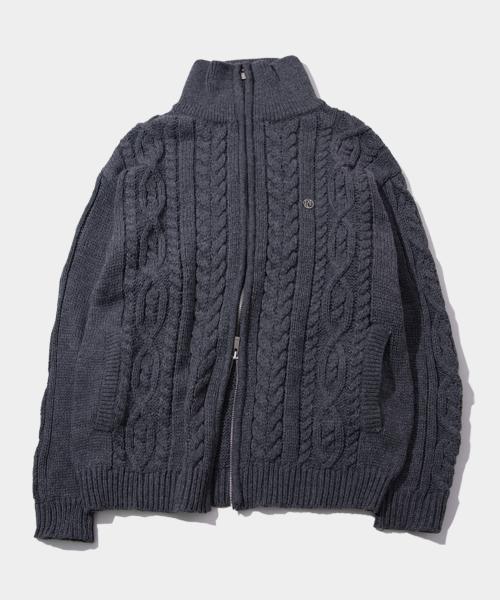 하이넥 오버핏 투웨이 케이블 니트 풀집업 가디건 [그레이]