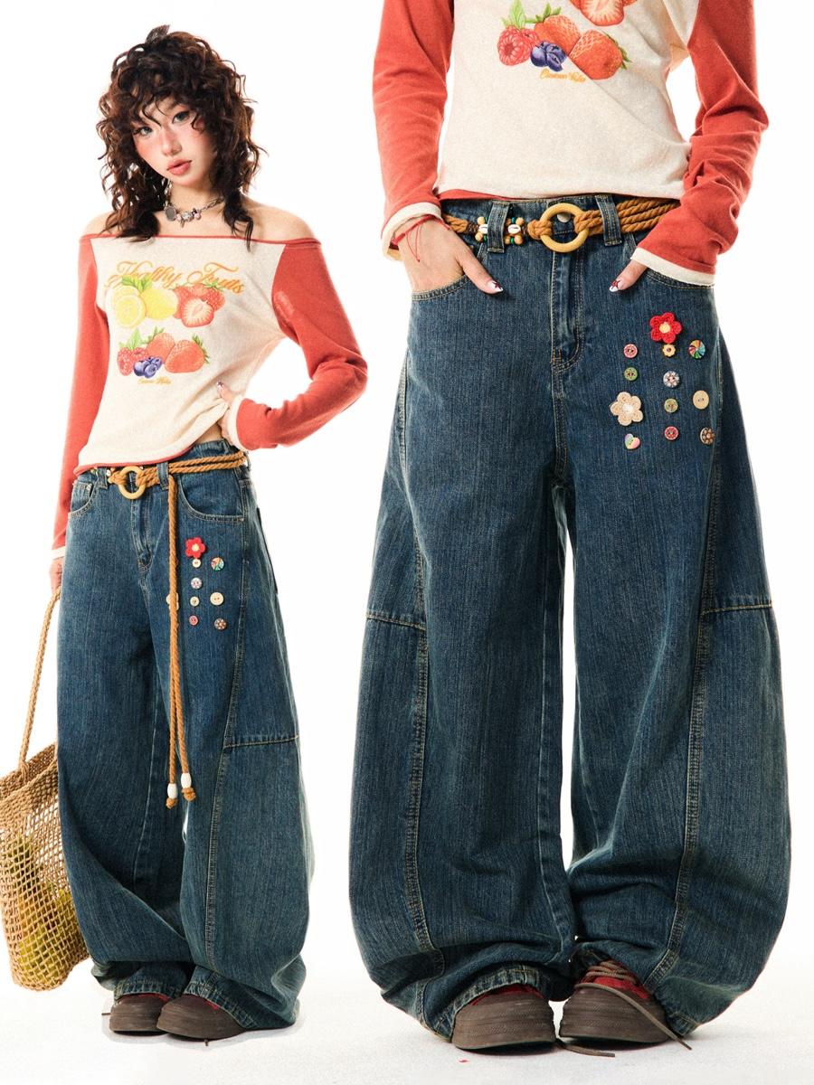 YOUNG STAGE Fun Flower Button Baggy Jeans
