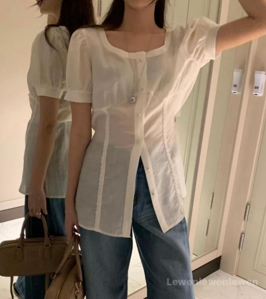 르웬 캐롯 블라우스 2color 레이스 퍼프 셔링 데일리 하객룩 출근룩