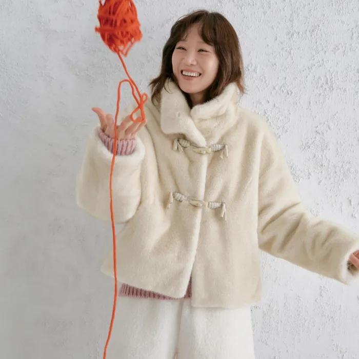 faux mink fur short jacket - beige