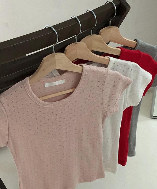 쇼퍼랜드 [MADE][자체제작][여름]이즈니 펀칭 아일렛 여리핏 반팔 티셔츠 (4color)