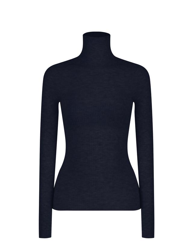 RIBBED HIGH-NECK TOP IN MIXED WOOL / NAVY
