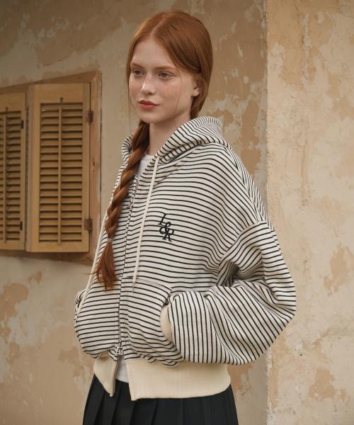 L&R stripe zip-up hood Cream