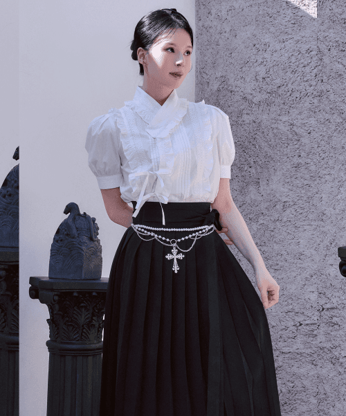 도화 퍼프소매 레이스 한복 반팔 셔츠