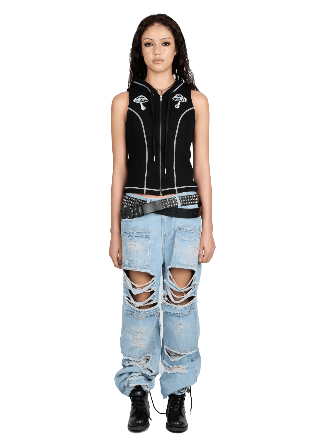 MUSH PATCH WAFFLE SLEEVELESS HOODIE IN BLACK