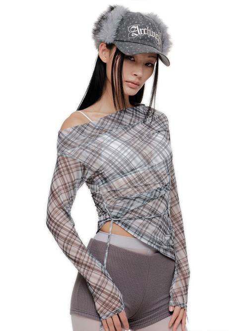 VIKA PLAID MESH OFF SHOULDER TOP (GREY)