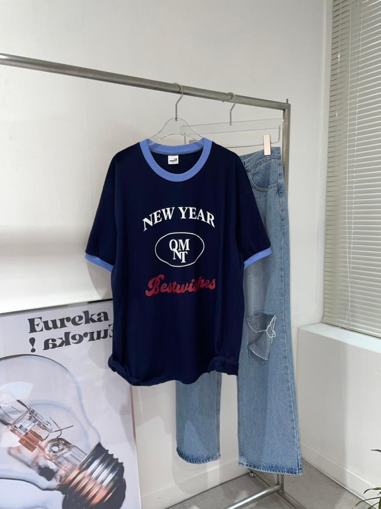 배색 뉴 프린팅 남녀공용 라운드넥 오버핏 프리사이즈 코튼 반팔 티셔츠