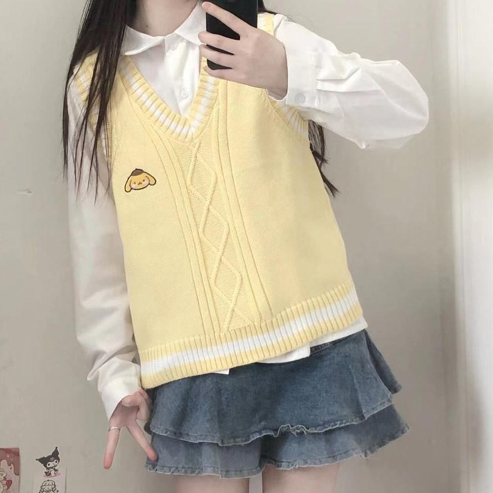 귀여운 쿠로미 마이멜로디 시나모롤 폼폼푸린 니트 베이직 여성 조끼 베스트 MZ패션 청년K쇼핑