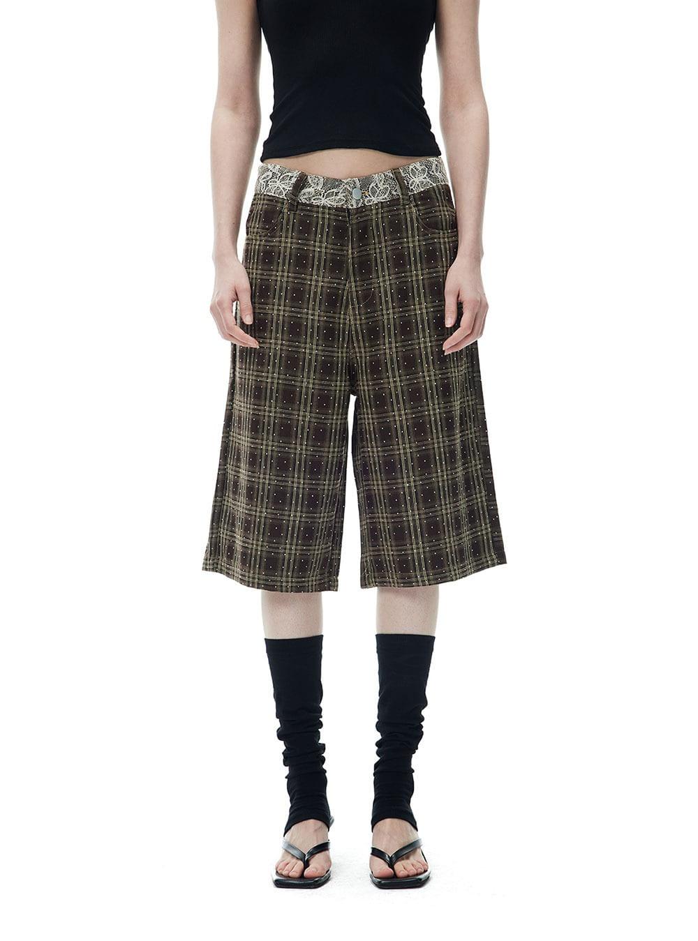 Diamond plaid lace straight capri pants