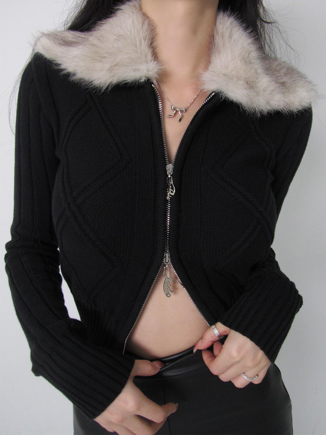 Collar Fuzzy Knit Zip-Up