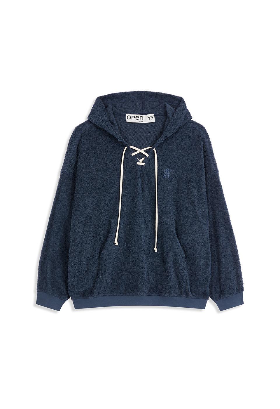 TERRY LACE-UP HOODIE, NAVY