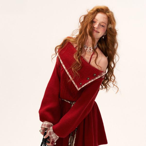 [오늘출발]Red Button Collar Cable Knit Dress