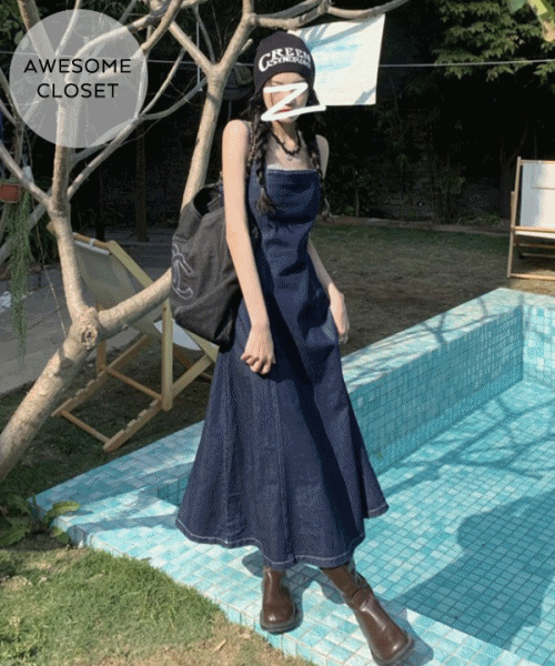 멜리아 민소매 플레어 데님 진청 롱원피스