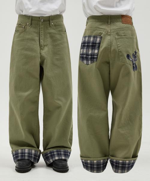 체크 아플리케 롤업 코튼 팬츠 카키