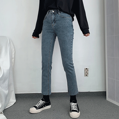 *재입고완료*[ 허리밴딩 ] 꿀스판 밑단 컷팅 일자 팬츠