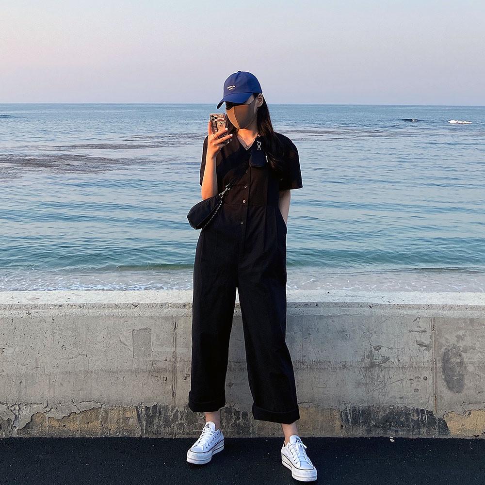 노마드 버튼 린넨 반팔 점프수트 2color