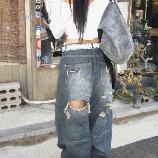 *Y2K* Back Slash 백 데미지 와이드 팬츠