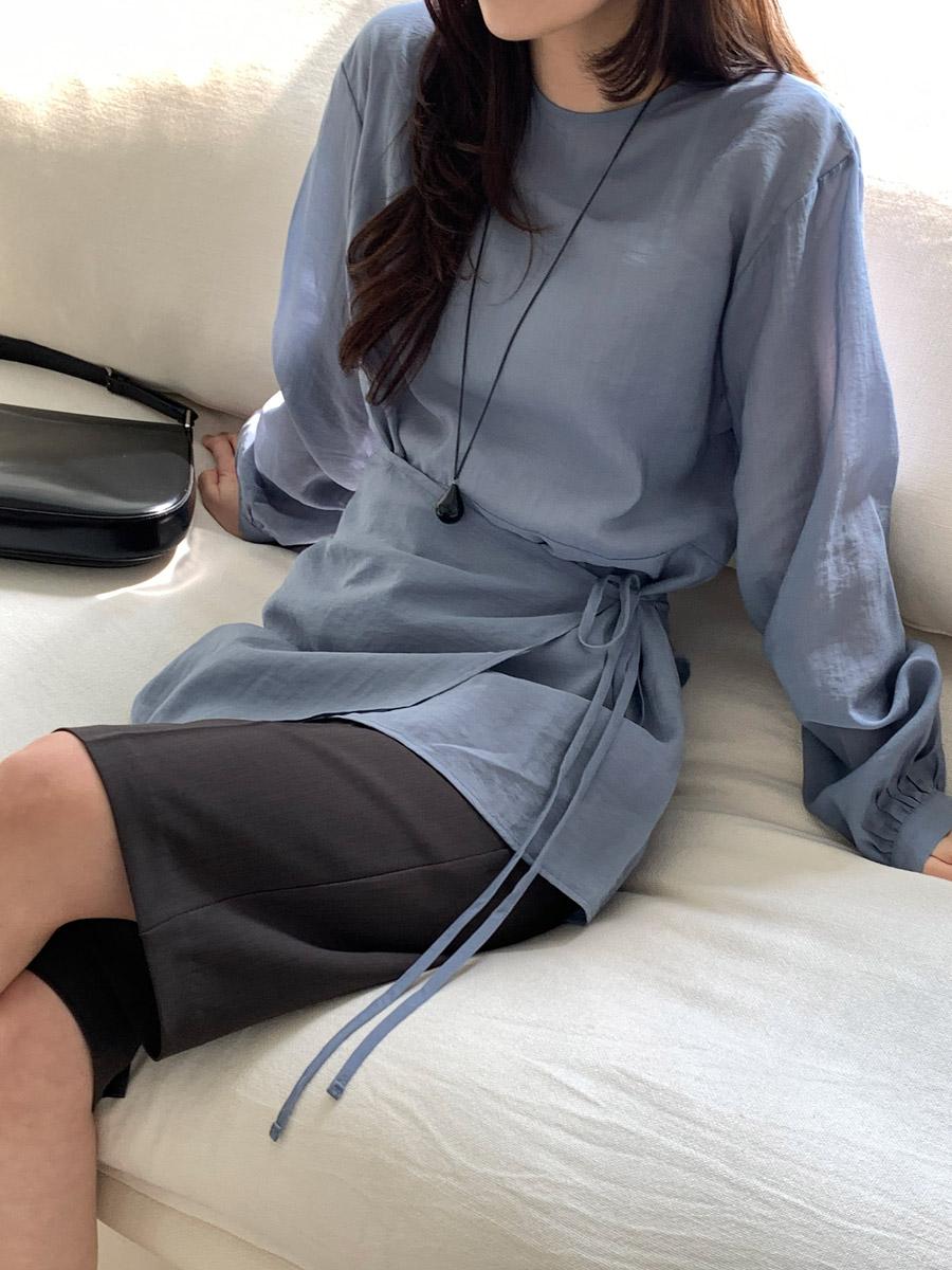 나이브실루엣 베엘라 랩 스커트 레이어드 시스루 라운드 미디 블라우스 3color