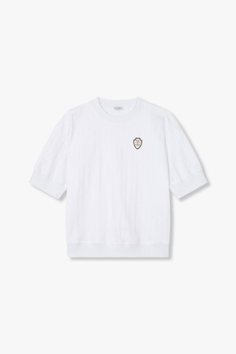 여성 시보리 트림 로고 패치 티셔츠