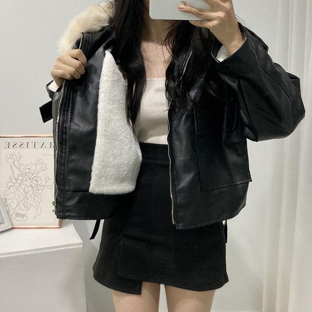 [안감전체퍼/탈부착가능] 퍼 레더 라이더 카라 자켓_허니밀크티_2