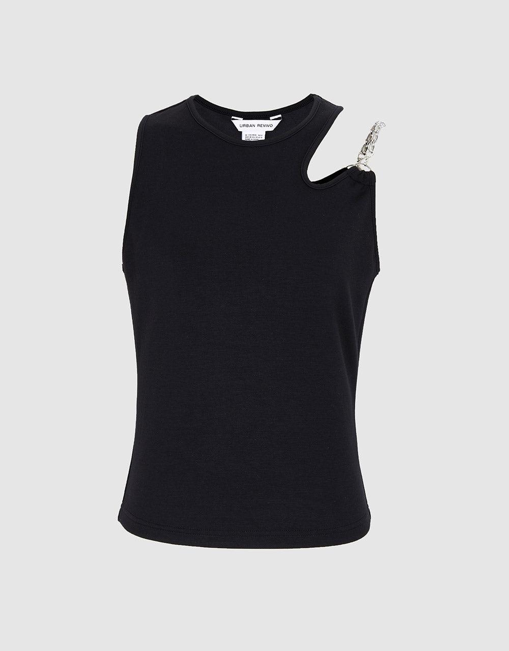 슬리브리스 크루넥 스키니 티셔츠 - 블랙 / S