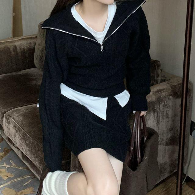 케이블 믹스 니트 반집업앤스커트 2color (set)
