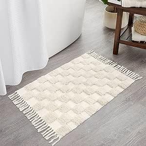 Lanffia Boho Bathroom Rug 2x3, Washable Checkered Tufted Rug, Washable Beige Checkerboard Cotton Rug with Tassels Bohemian Kitchen Runner Rug Farmhouse Throw Rugs for Bedroom/Laundry/Doorway/Porch