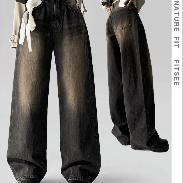 [~3XL] 가을밤 브라운 슬랍 워싱 하이퀄리티 텍스쳐 빈티지 와이드 데님 팬츠 바지