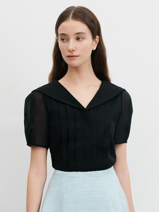 MELINA Sailor collar pin tucked organza blouse (Cream/Black)