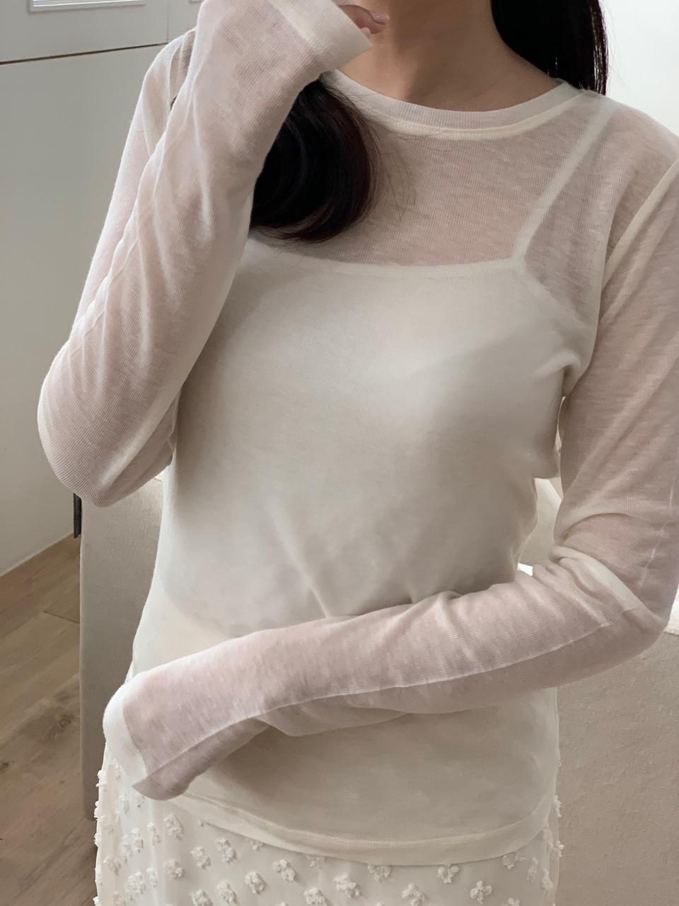 모즈 레이어드티 시스루 울 텐셀 슬림 긴팔 티셔츠