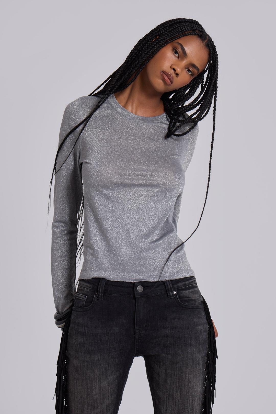 Xeni Glitter Long Sleeve Top in Silver - XS / Silver