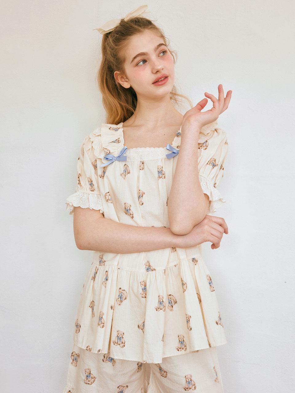 여성 쁘띠베어 레이온혼방 스퀘어넥 반소매 투피스 잠옷 25-02233