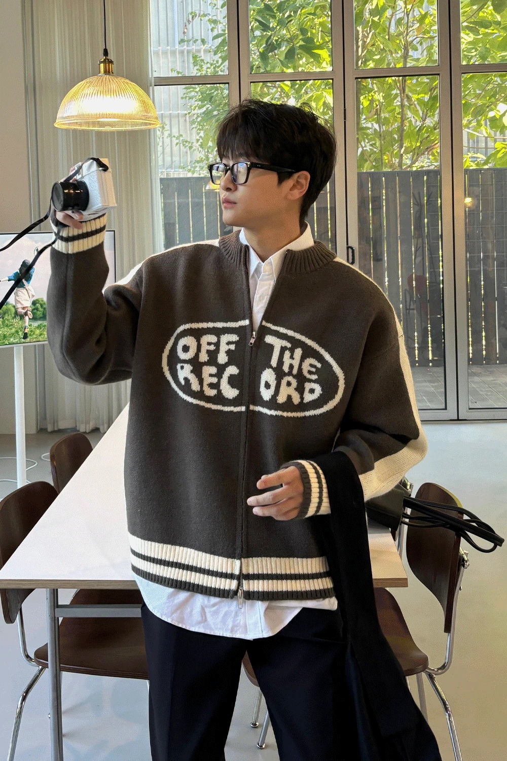 오프 배색 오버핏 집업 가디건