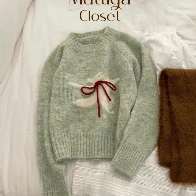 [1천장돌파✨/러블리룩💕] 곰돌이 리본 라운드넥 니트