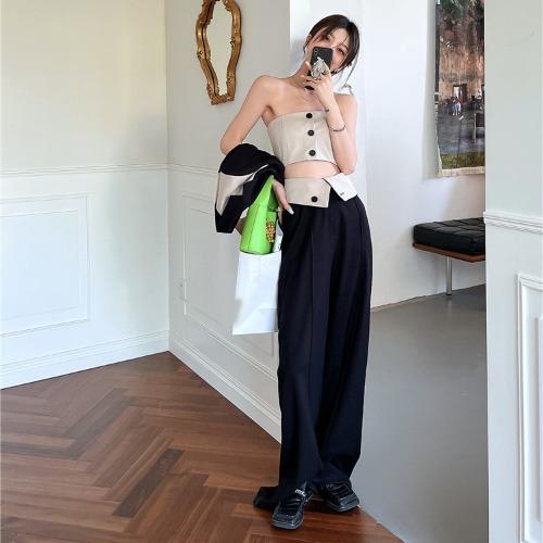 [하객룩/쓰리피스세트/여름신상] 베이지 앤 블랙 싱글버튼 빅버튼 슬림핏 슬리브리스 크롭 튜브탑 허리라인 언발 레이어드 로우라이즈 스트릿 와이드팬츠 바지 투톤 크롭 자켓 투피스 쓰리피스 셋업 세트 봄신상 가을신상 데이트룩 여친룩 상견례 하객코디 세미정장