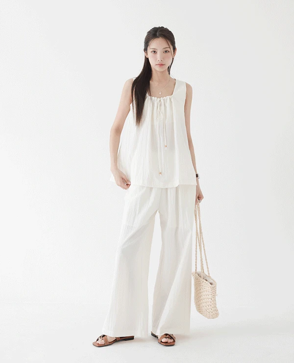 [자체제작/여름베스트] 라보 스트링 스퀘어나시 롱팬츠 셋업 (2color) - 루즈핏 휴양지룩 바캉스룩 휴가룩 여행룩 비치룩 밴딩 와이드팬츠 레이어드