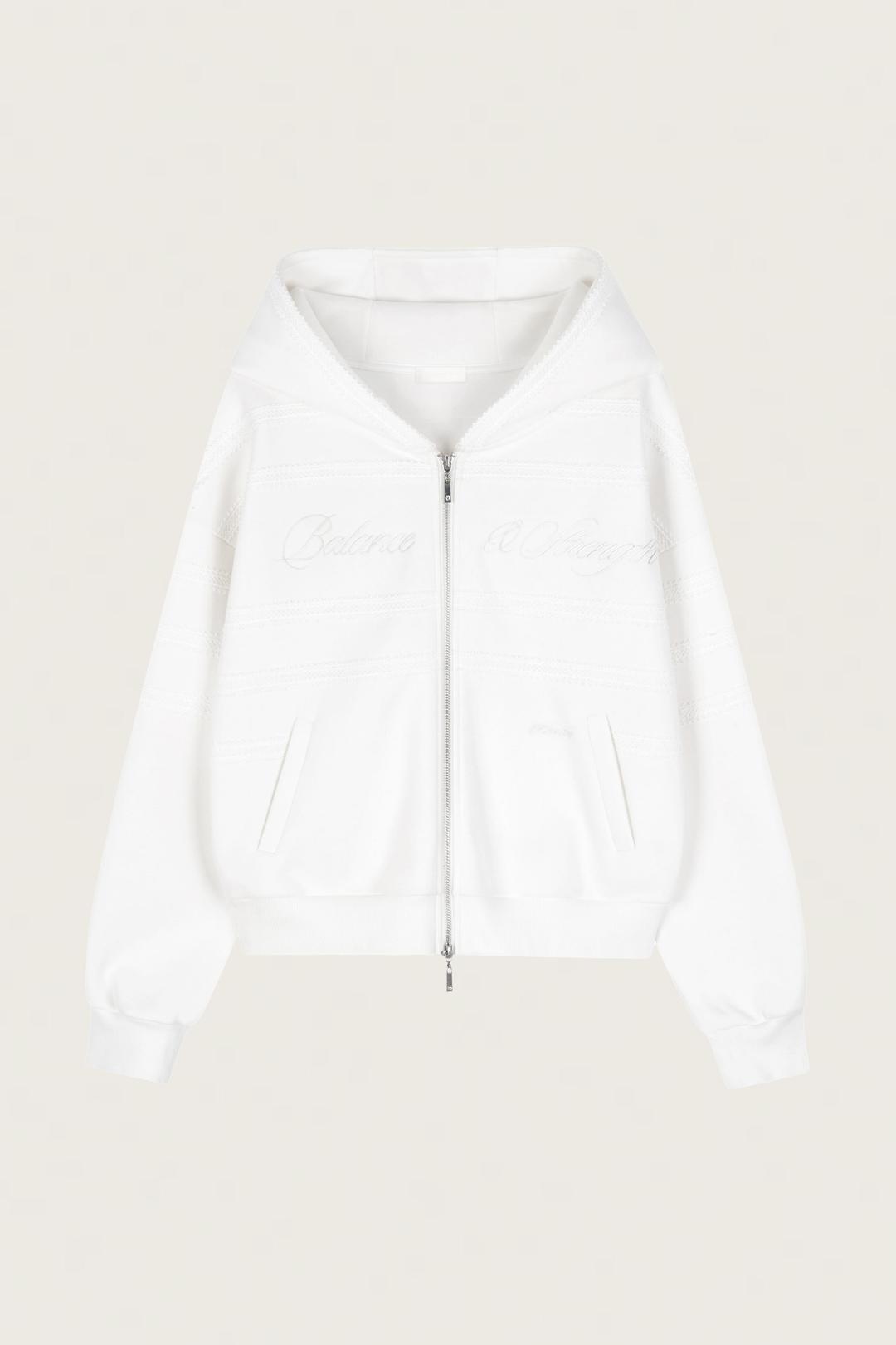 Whity Lace Trim Hooded Zip-up, White