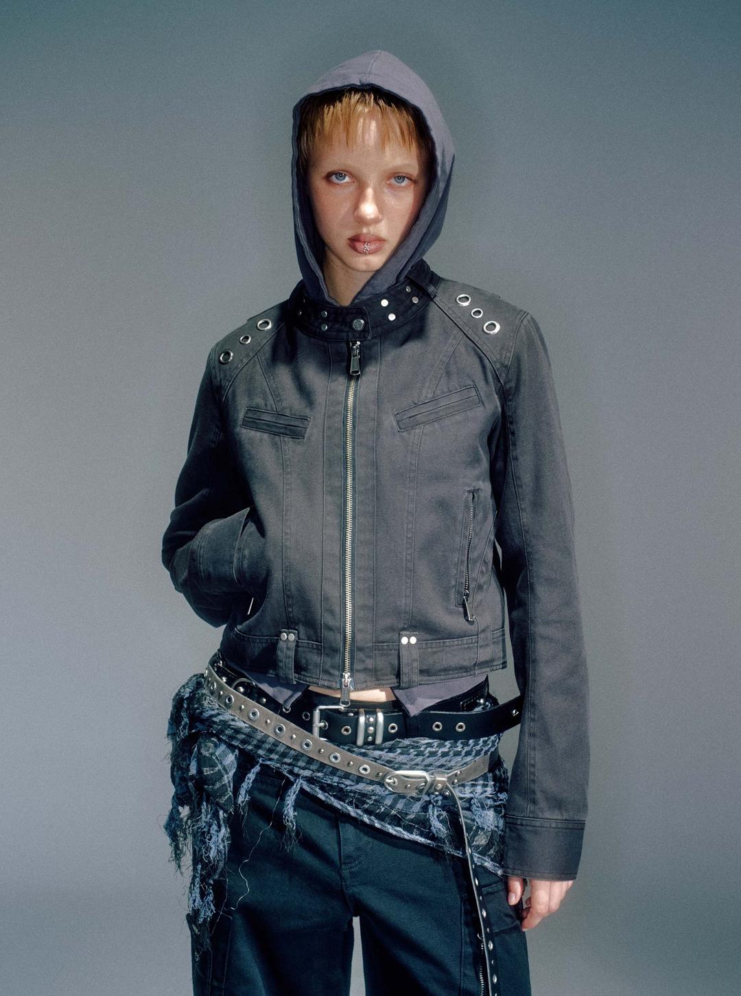 WOMEN LEWIS RIDER EYELET JACKET CHARCOAL