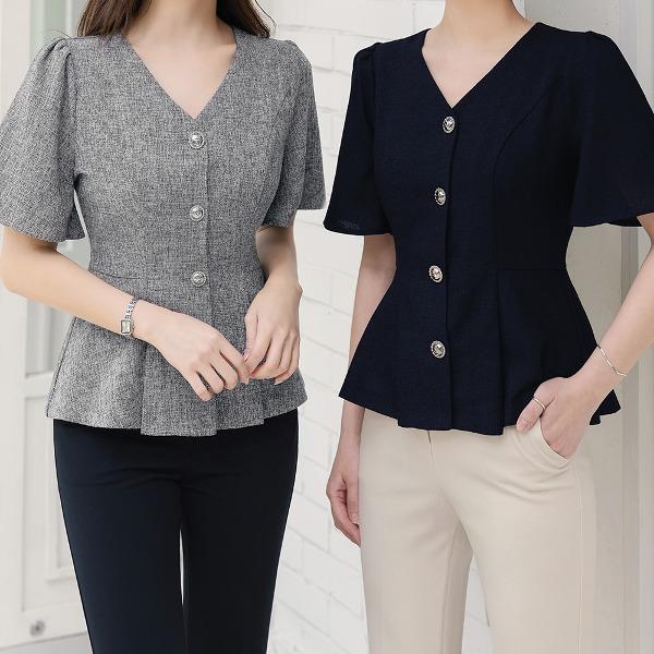 [3천장판매/여름오피스룩]모던앤 브이넥 윙슬리브 페플럼 블라우스