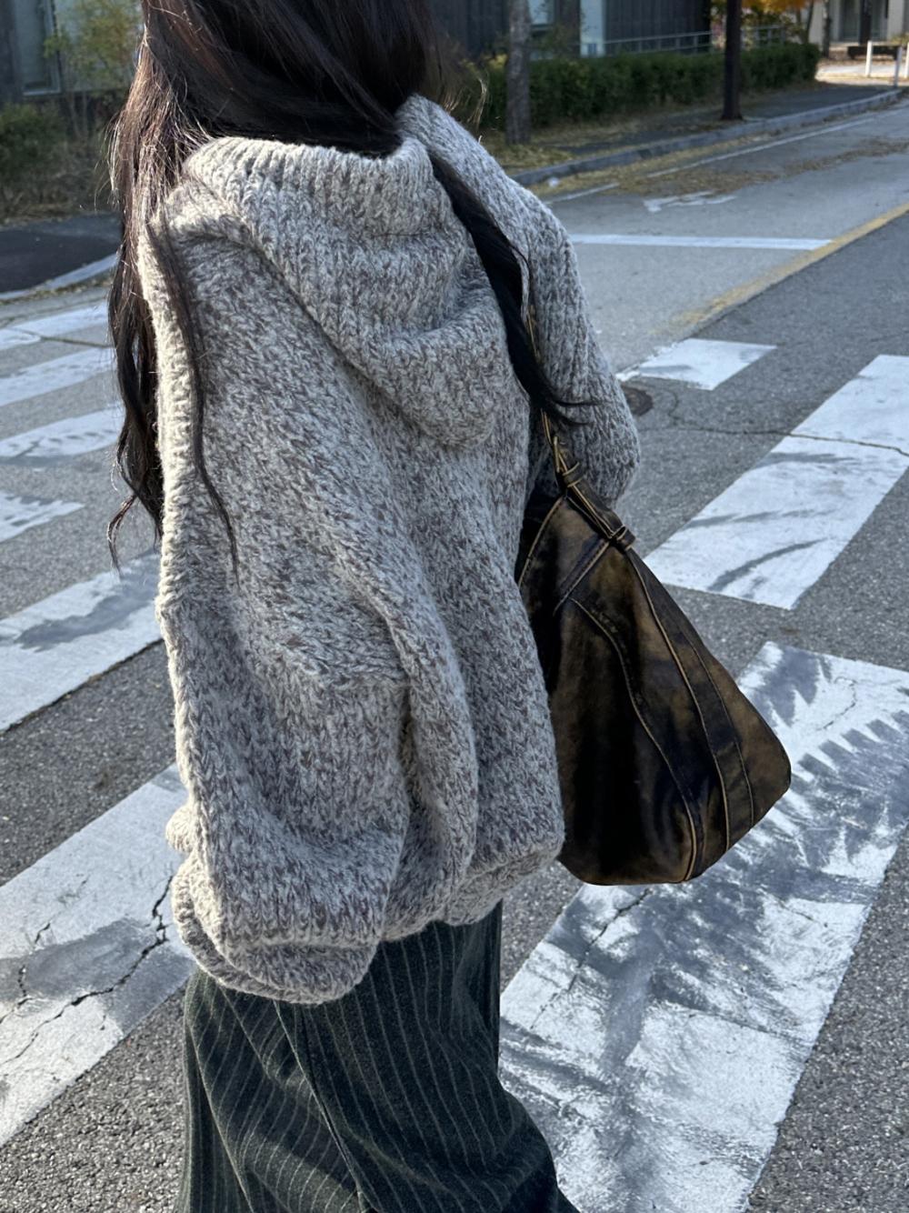 신시 알파카 믹스 헨리넥 후드니트 빈티지 오버핏니트