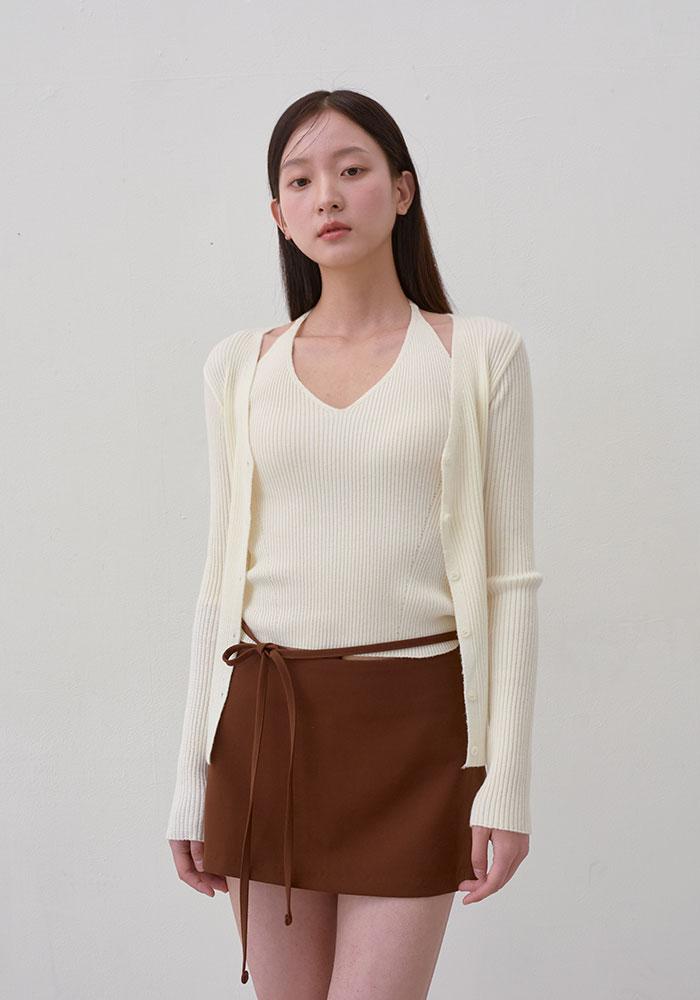 HALTER NECK RIBBED CARDIGAN & SLEEVELESS SET-IVORY