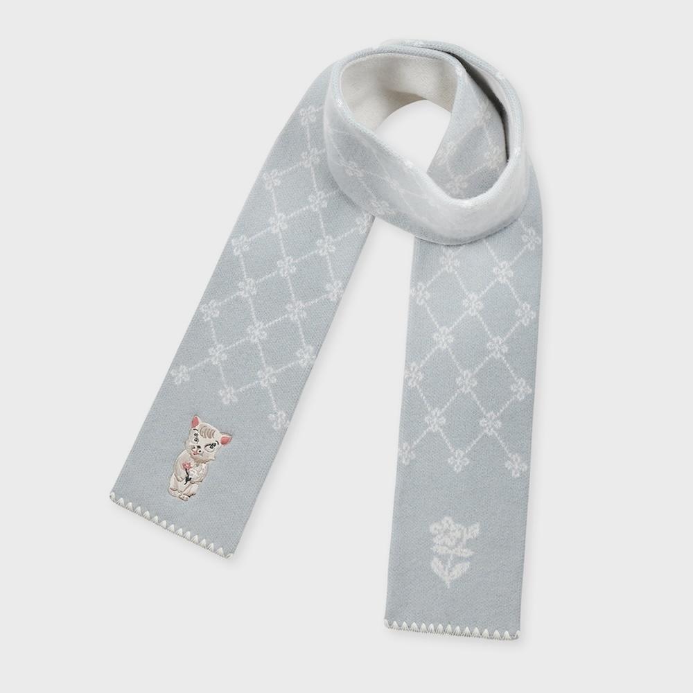 NAT wool embroidery muffler flower katy blue grey