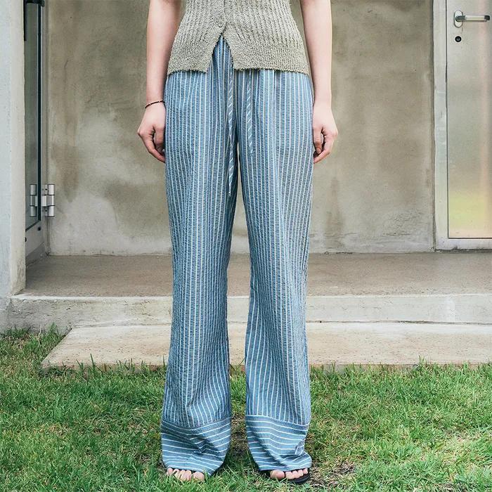 Stripe Loose-Fit String Wide Pants (Blue)