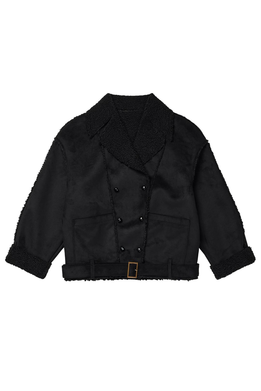 BUTTON UP BELTED SHEARLING JACKET IN BLACK