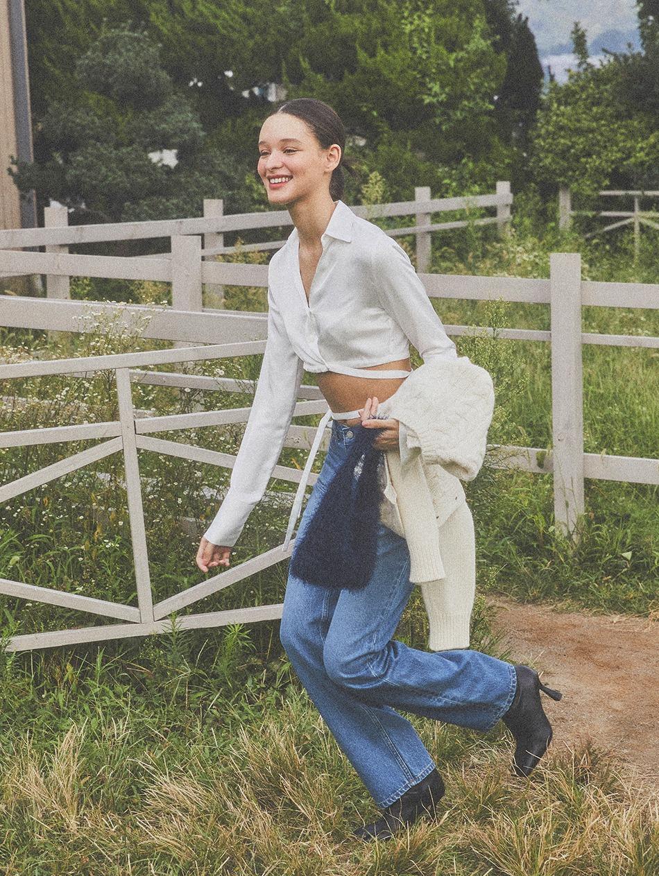 White Marais Silky Cropped Ribbon Blouse