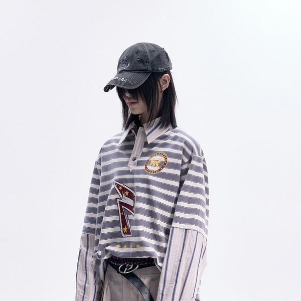 striped fake two-piece stitching collar long-sleeved T-shirt